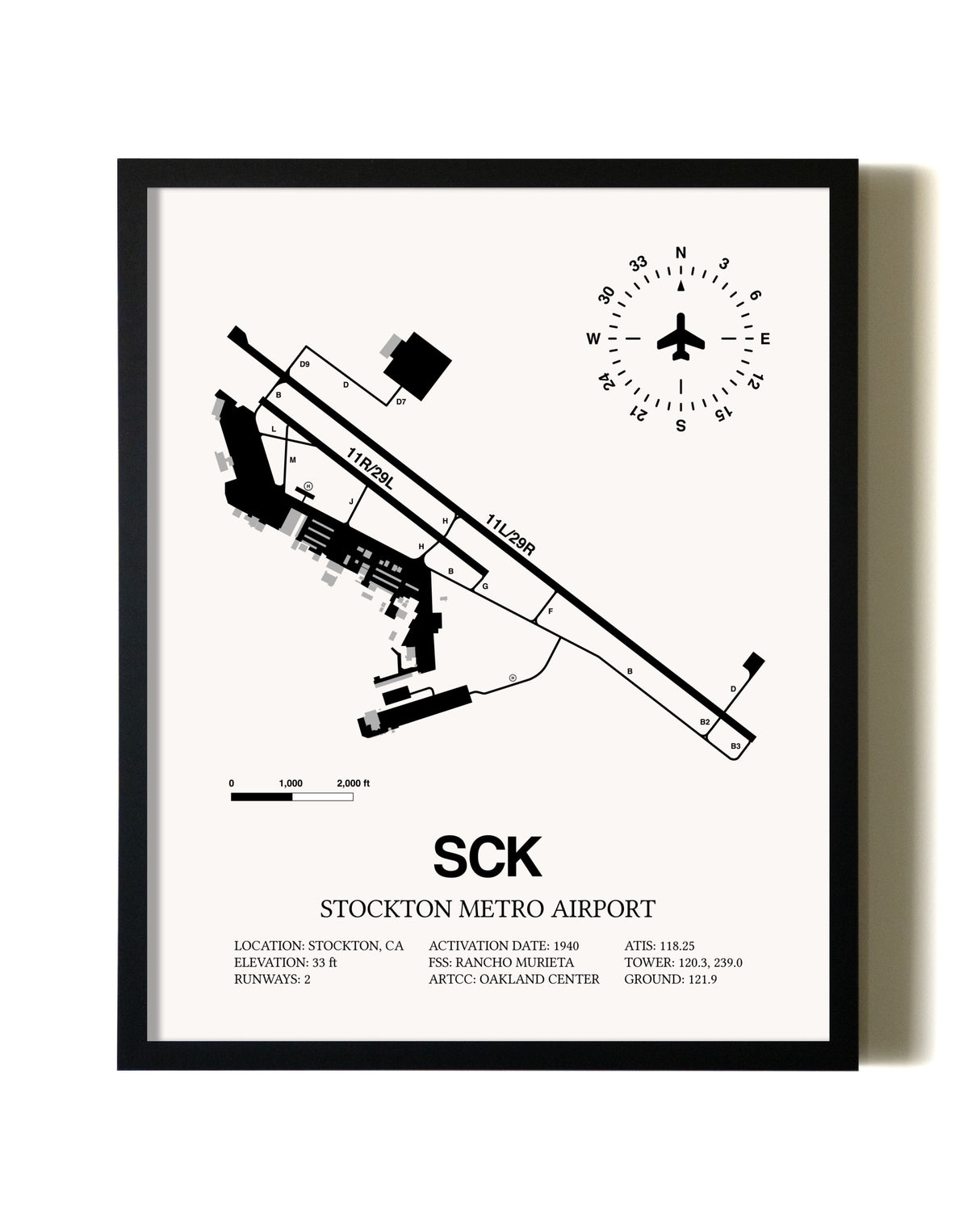 Framed Stockton Metro Airport wall art poster in black frame
