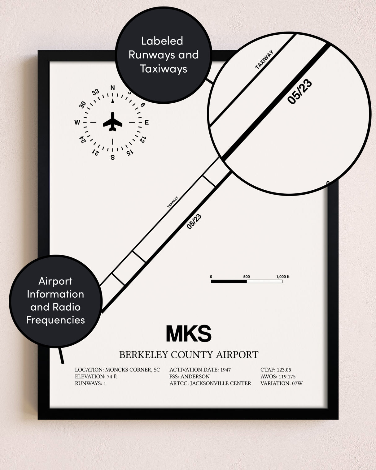 Framed Berkeley County Airport layout wall art poster