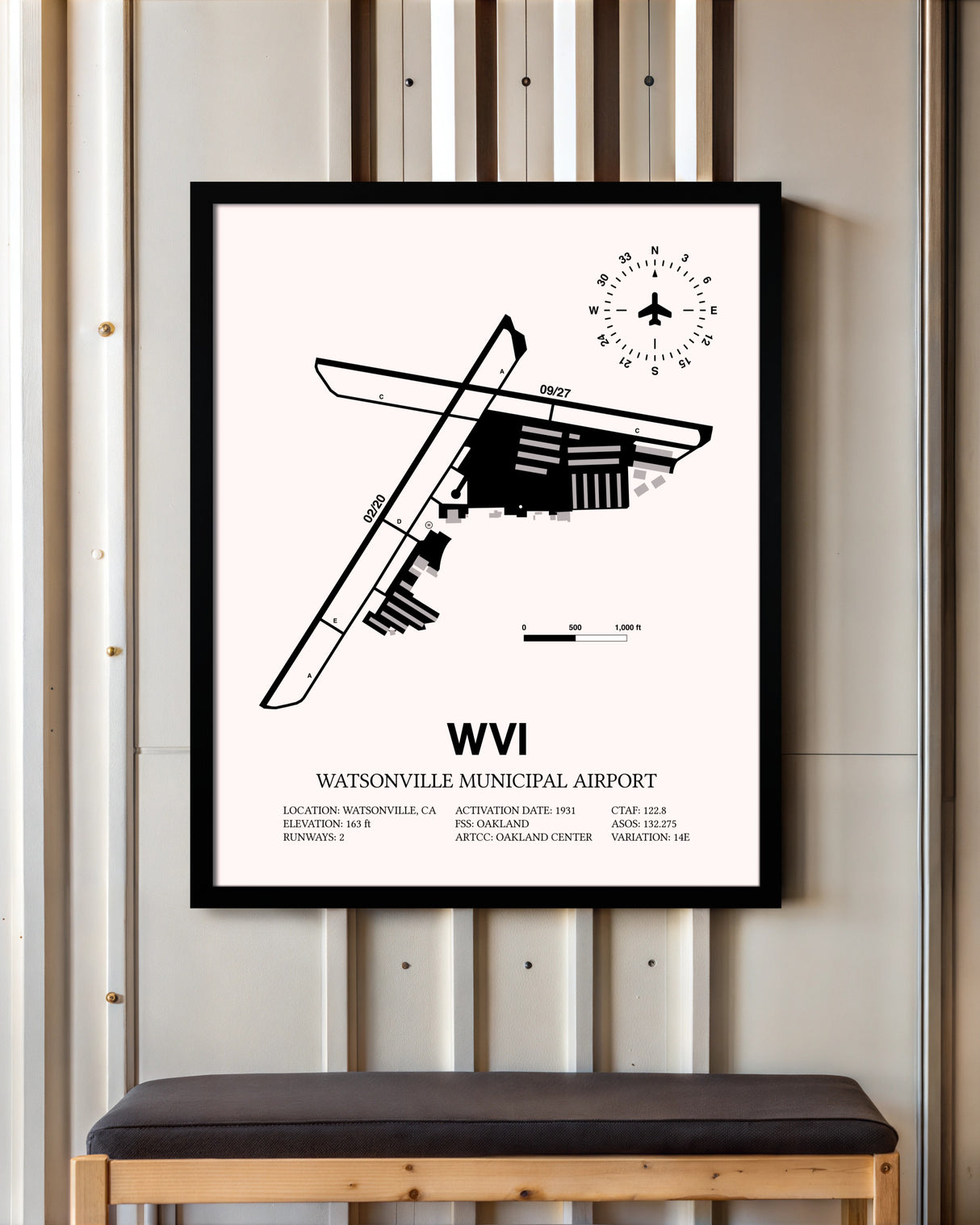 Watsonville Municipal Airport framed poster displayed in an airplane hangar