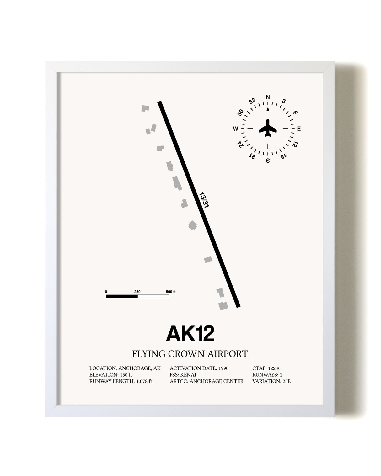 Flying Crown Airport airport map poster in oak frame