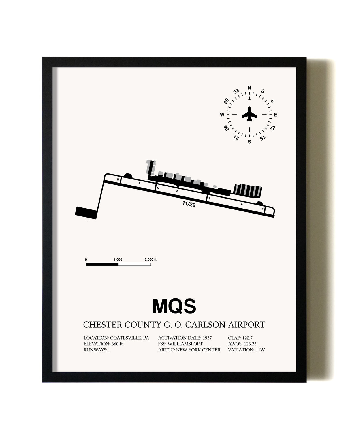 Framed Chester County G. O. Carlson Airport wall art poster in black frame