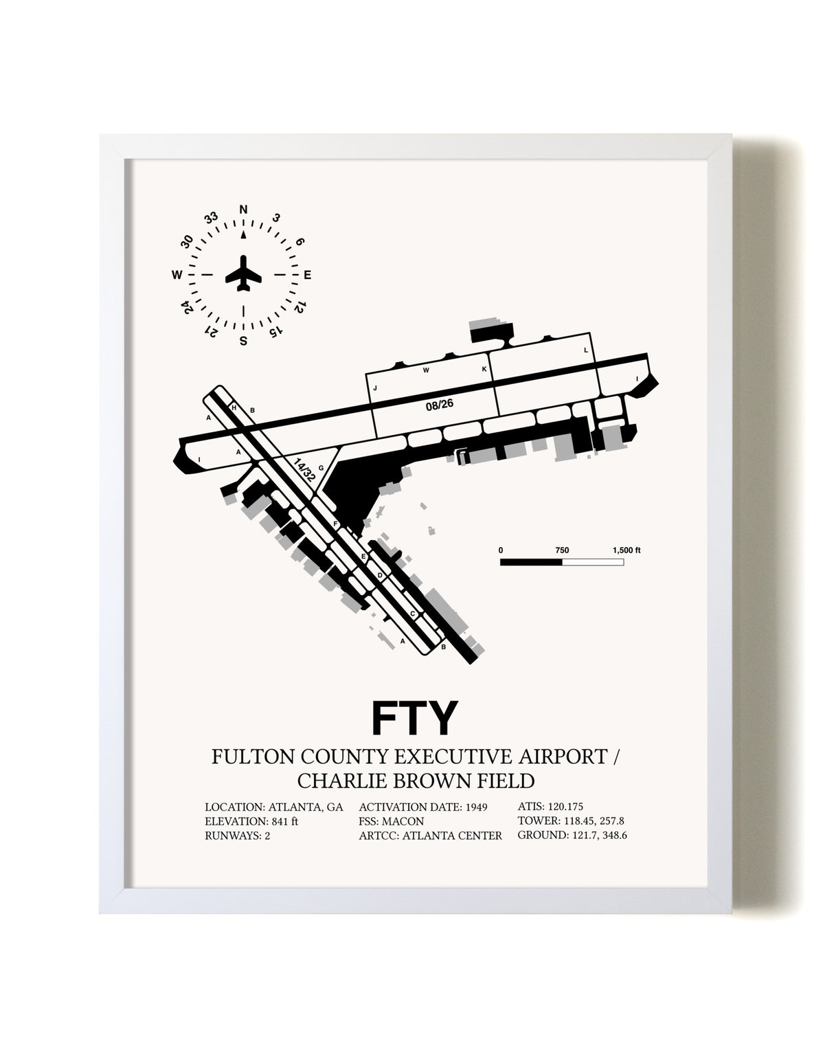 Fulton County Executive Airport / Charlie Brown Field airport map poster in oak frame