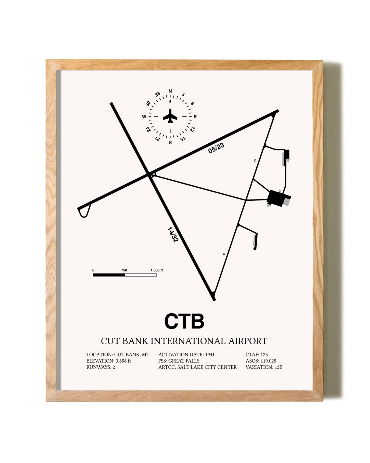 Cut Bank International Airport framed print in natural wood frame