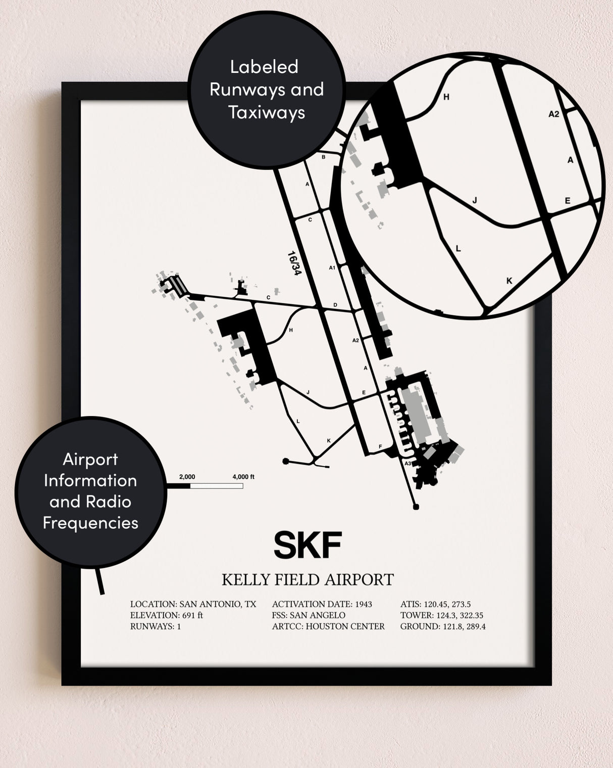 Framed Kelly Field Airport layout wall art poster