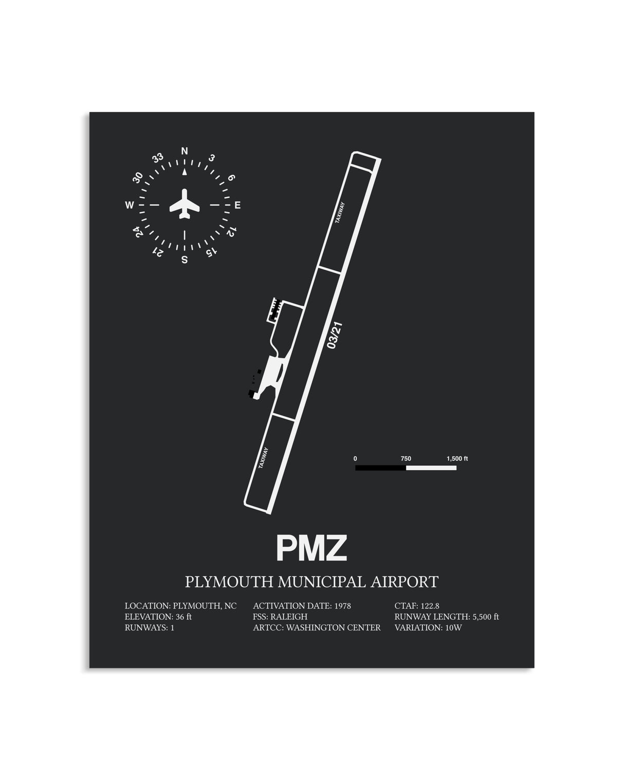 Gray Framed Plymouth Municipal Airport layout wall art poster