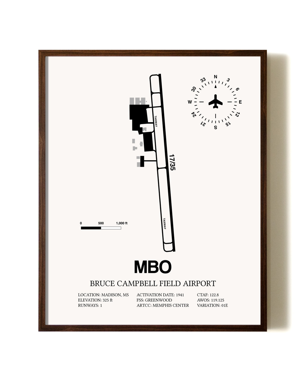 Bruce Campbell Field aviation print in walnut frame