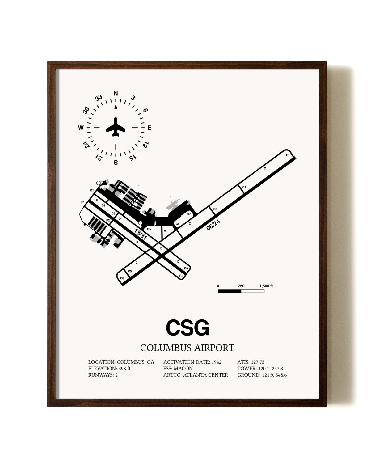 Columbus Airport aviation print in walnut frame