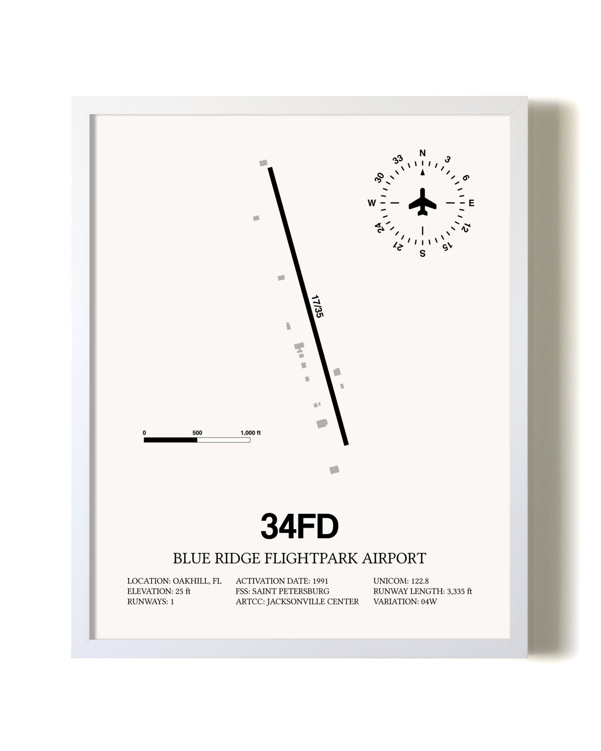 Blue Ridge Flightpark Airport airport map poster in oak frame
