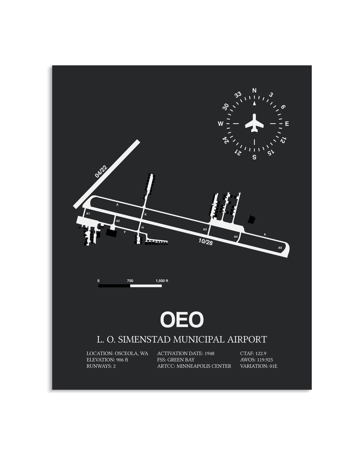 Gray Framed L. O. Simenstad Municipal Airport layout wall art poster