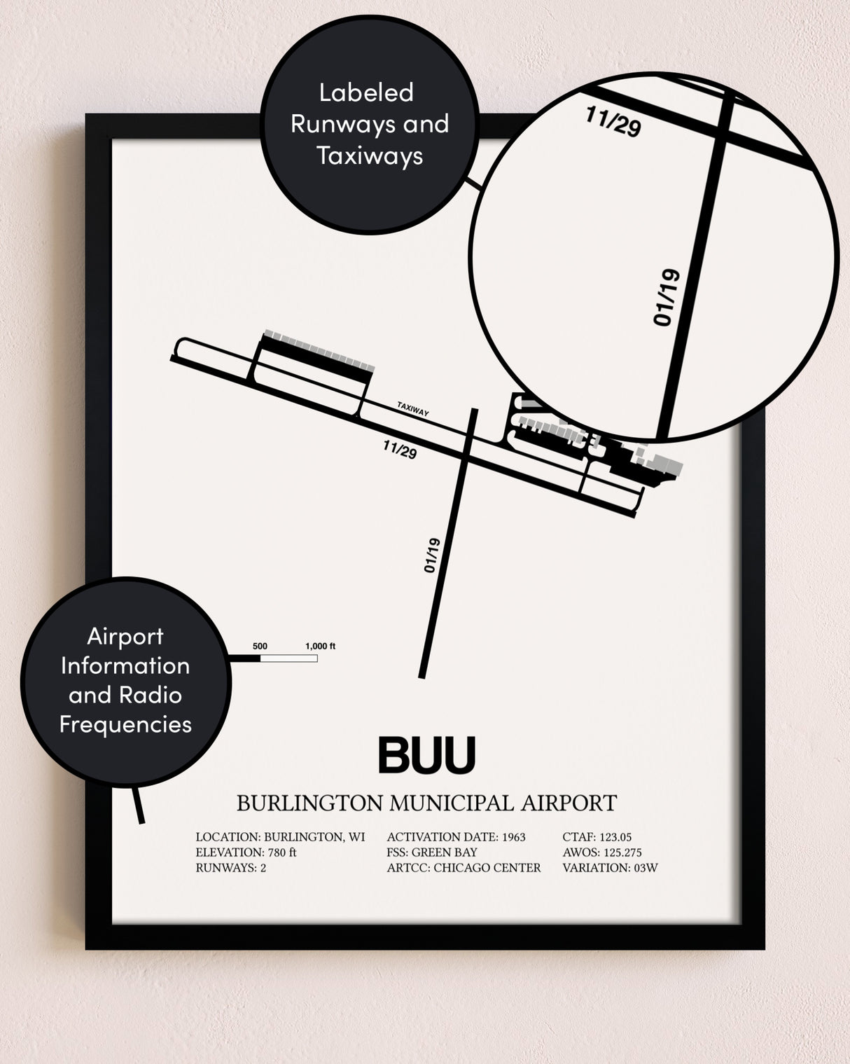 Framed Burlington Municipal Airport layout wall art poster