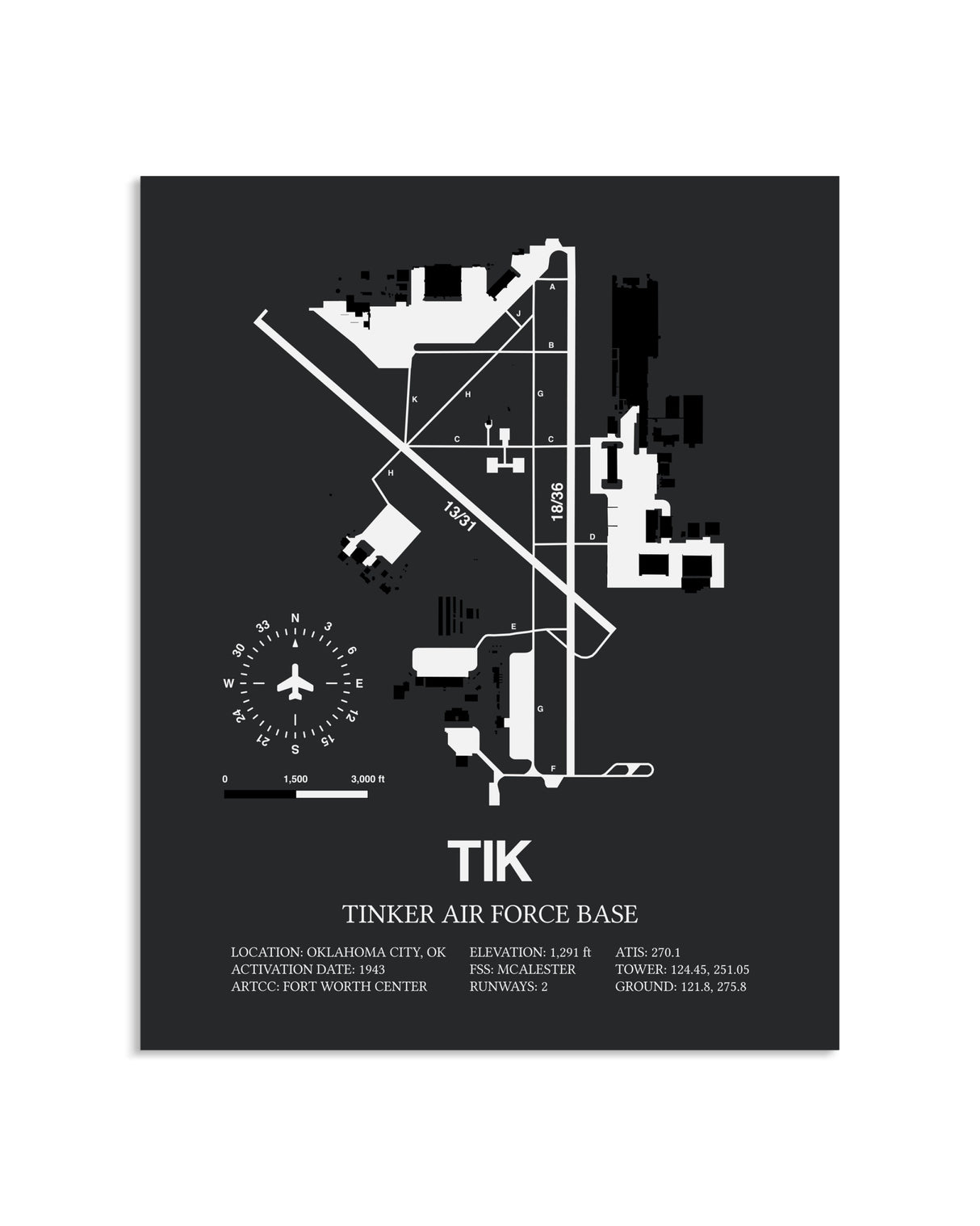 Gray Framed Tinker Air Force Base layout wall art poster