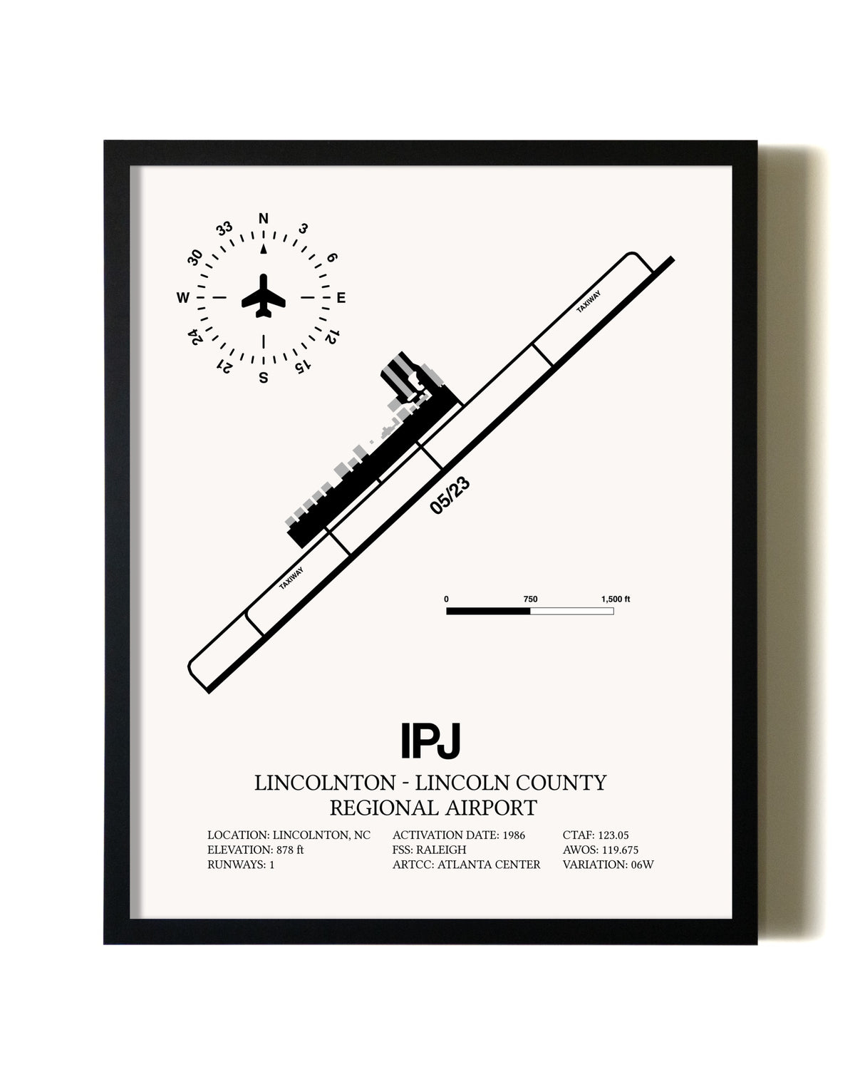 Framed Lincolnton-Lincoln County Regional Airport wall art poster in black frame