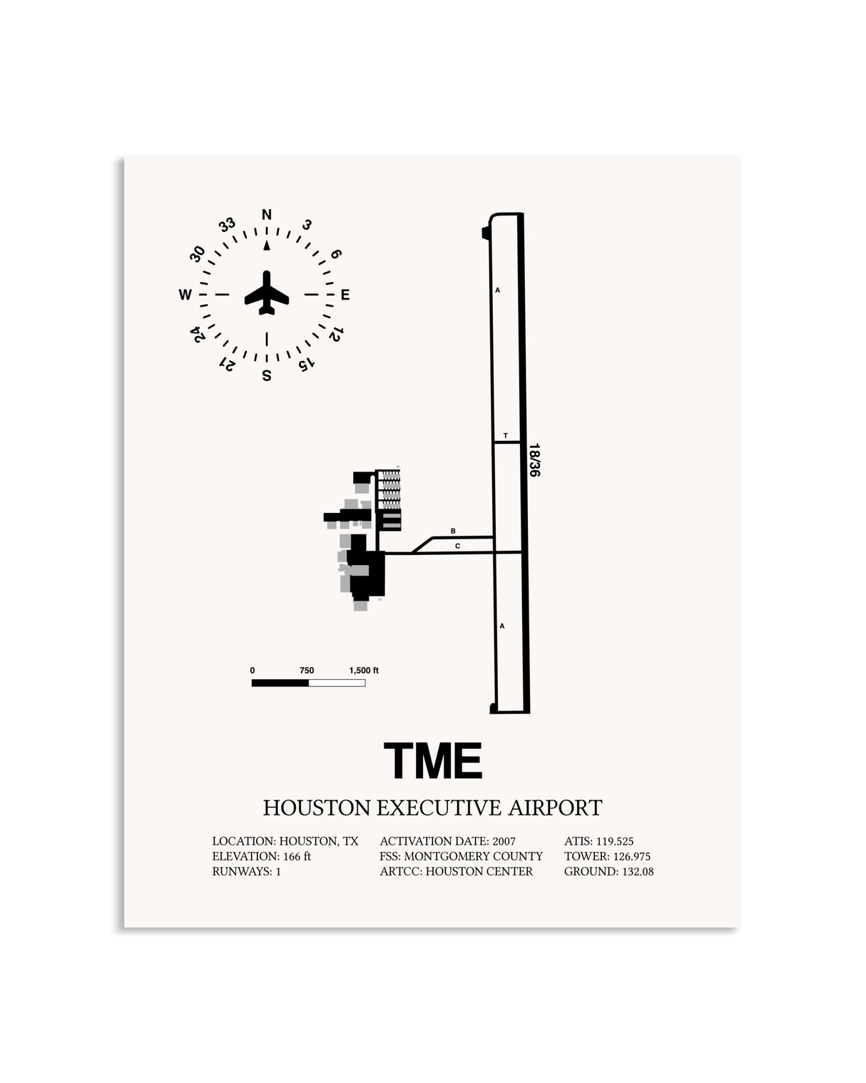Gray Houston Executive Airport framed poster displayed in an airplane hangar