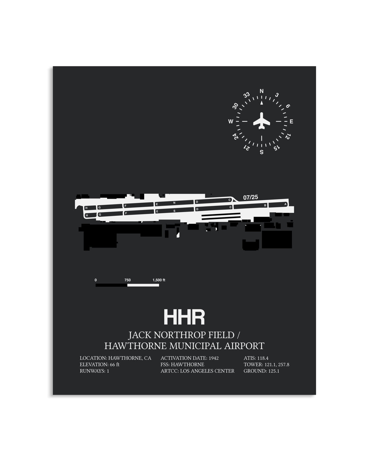 Gray Framed Jack Northrop Field / Hawthorne Municipal Airport layout wall art poster
