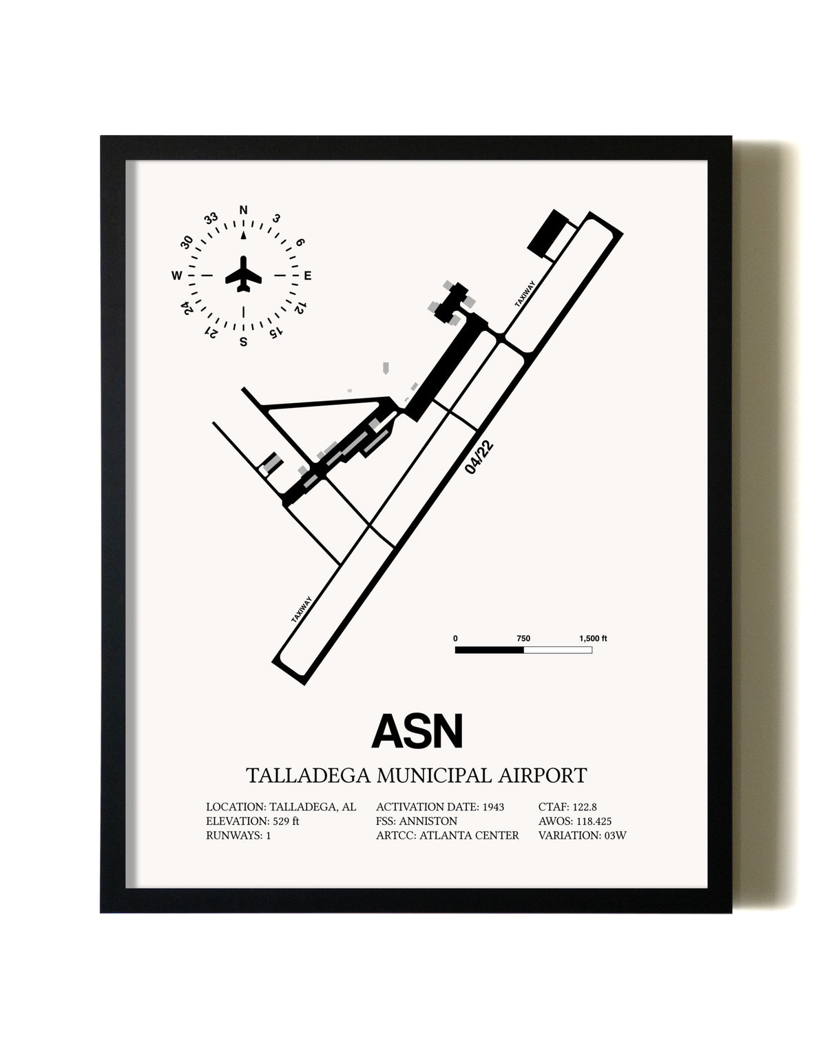 Framed Talladega Municipal Airport wall art poster in black frame