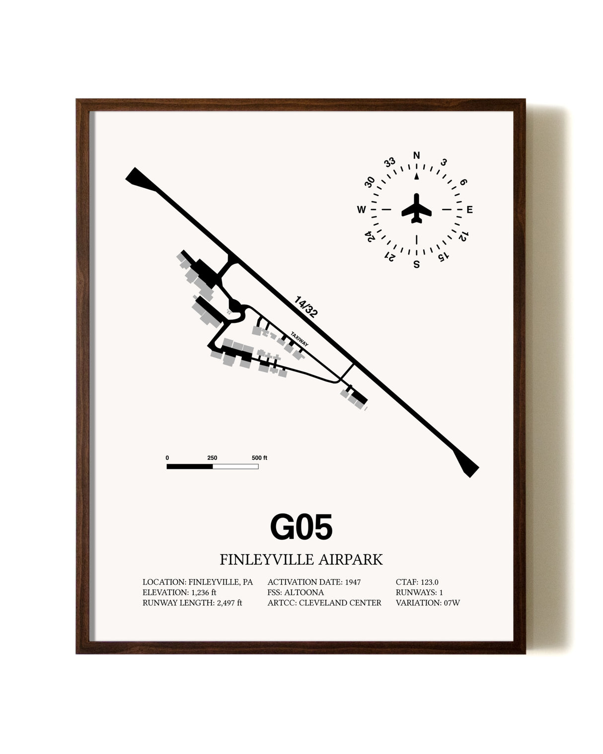Finleyville Airpark aviation print in walnut frame