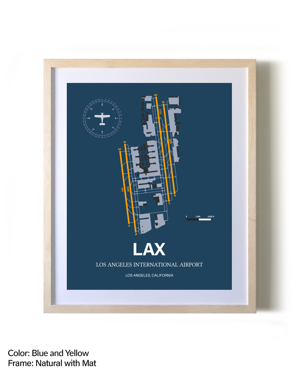 Los Angeles International Airport framed print in natural wood frame with mat