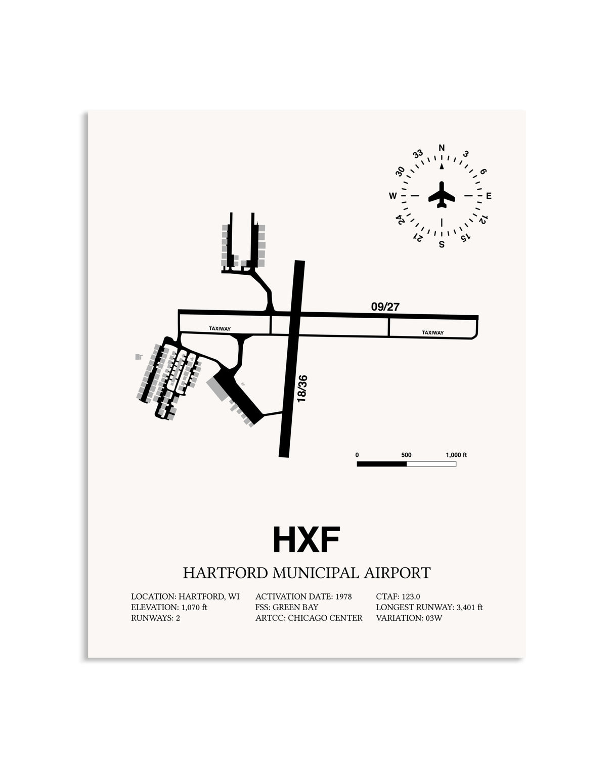 Gray Hartford Municipal Airport framed poster displayed in an airplane hangar