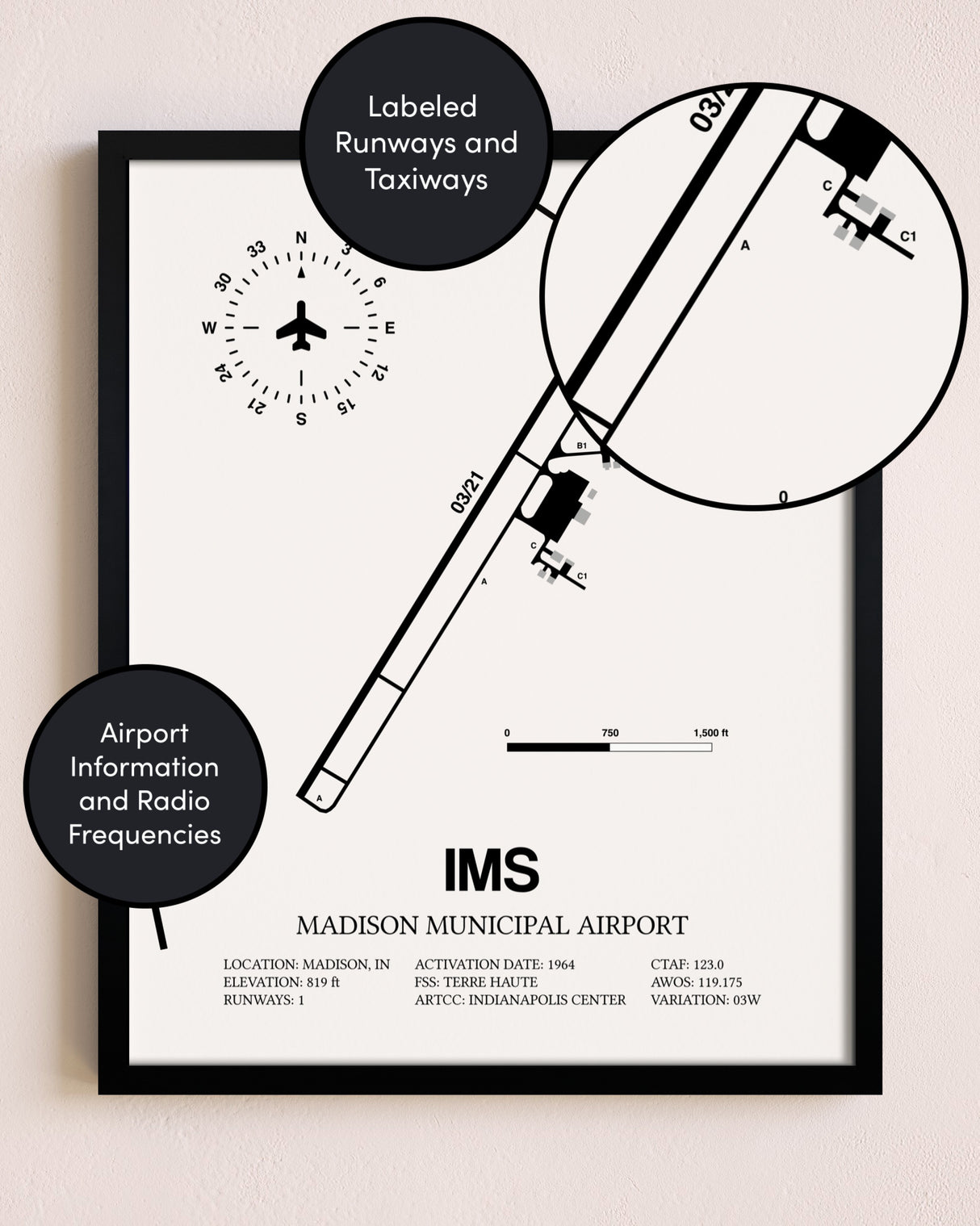 Framed Madison Municipal Airport layout wall art poster