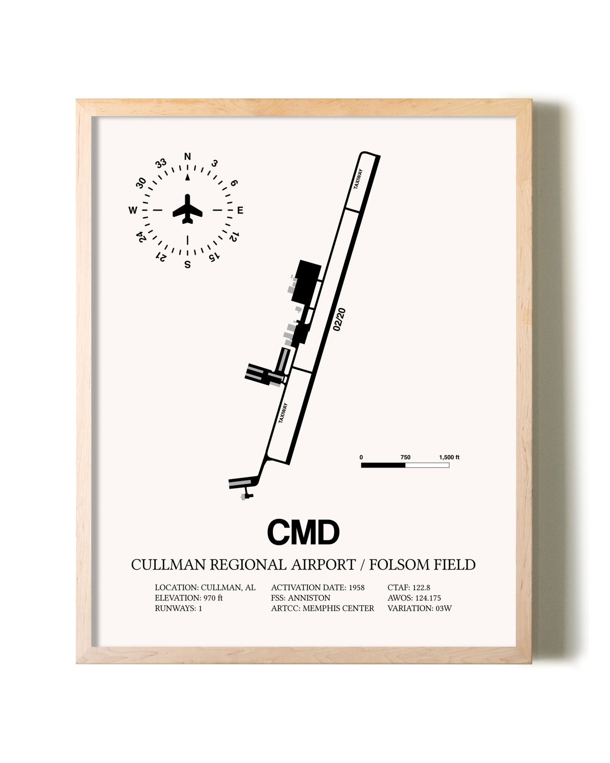 Cullman Regional Airport / Folsom Field framed wall art in white frame