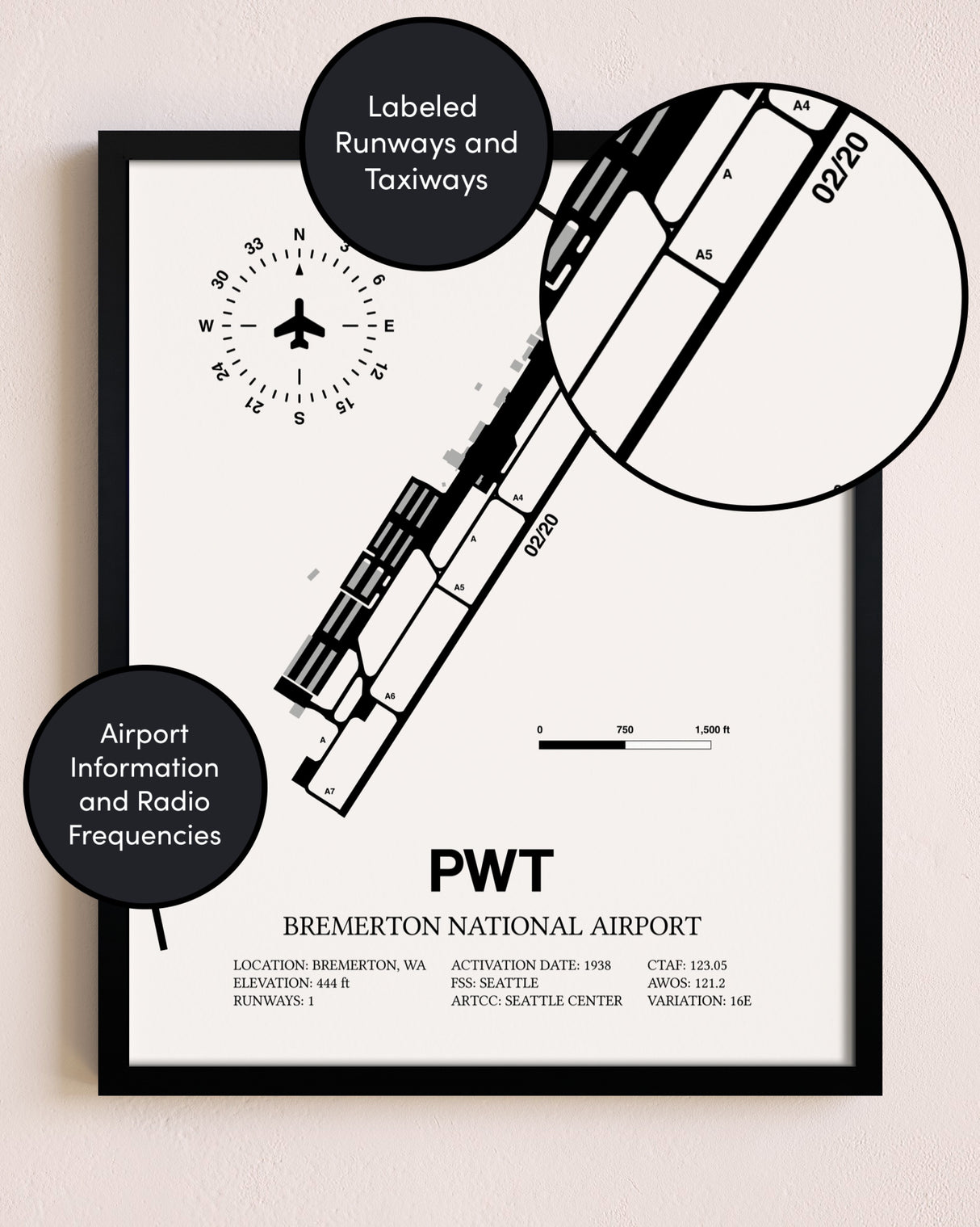 Framed Bremerton National Airport layout wall art poster