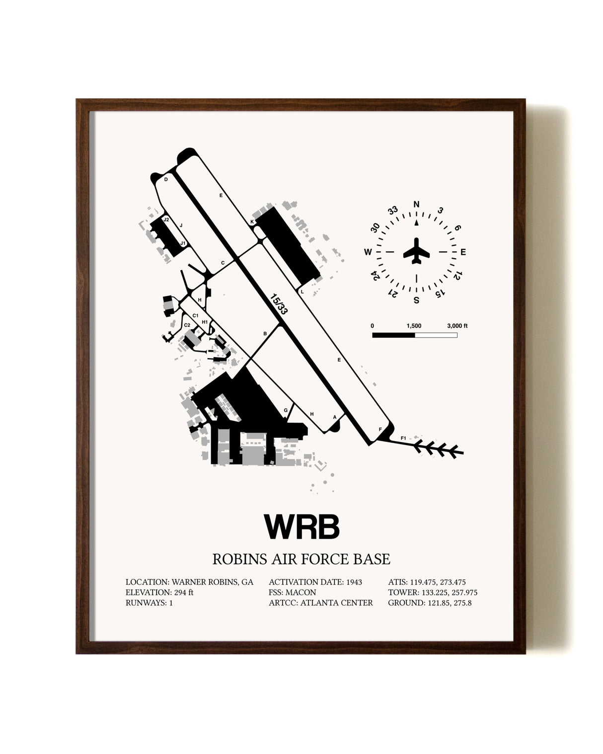 Robins Air Force Base aviation print in walnut frame