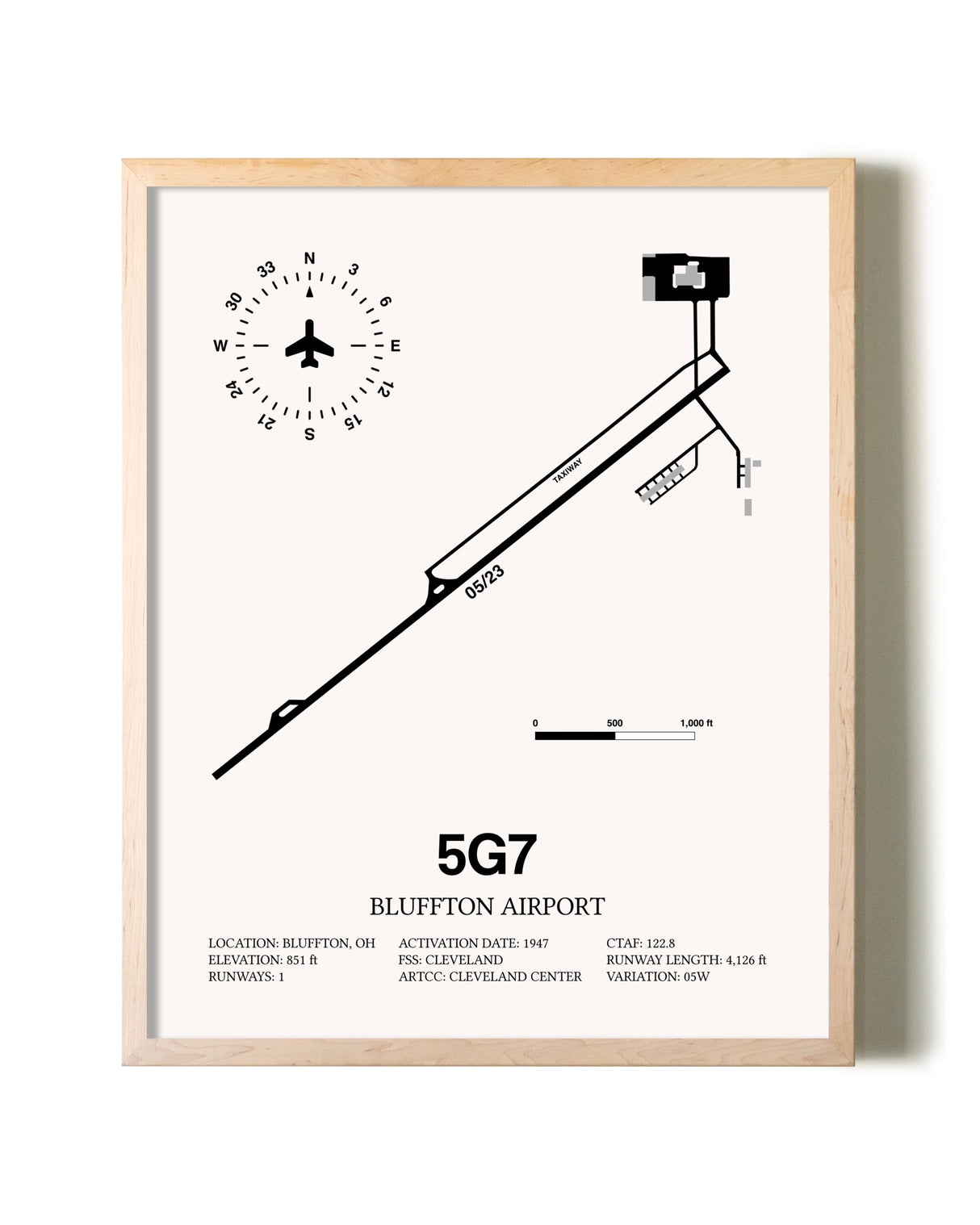 Bluffton Airport framed wall art in white frame