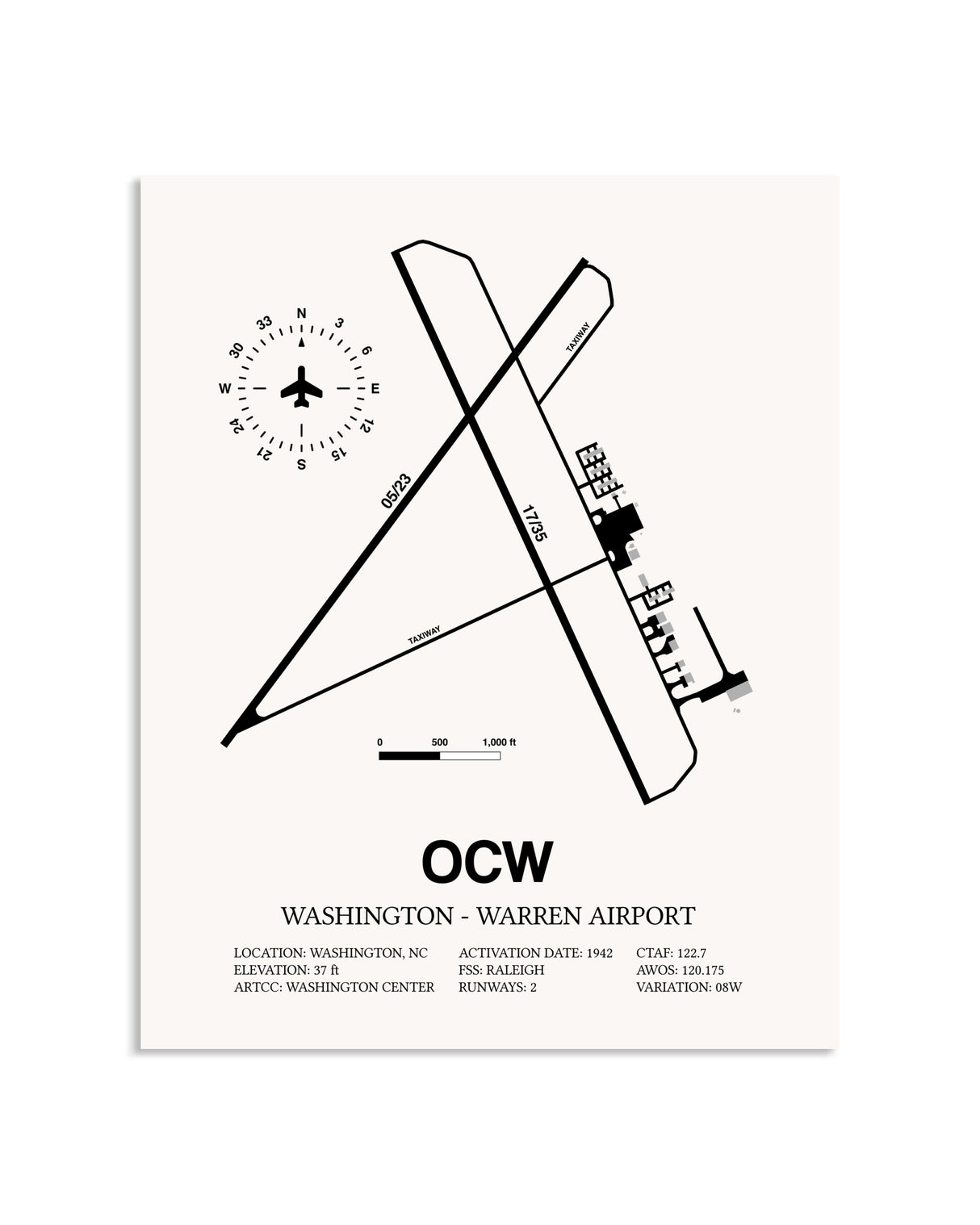 Gray Washington-Warren Airport framed poster displayed in an airplane hangar
