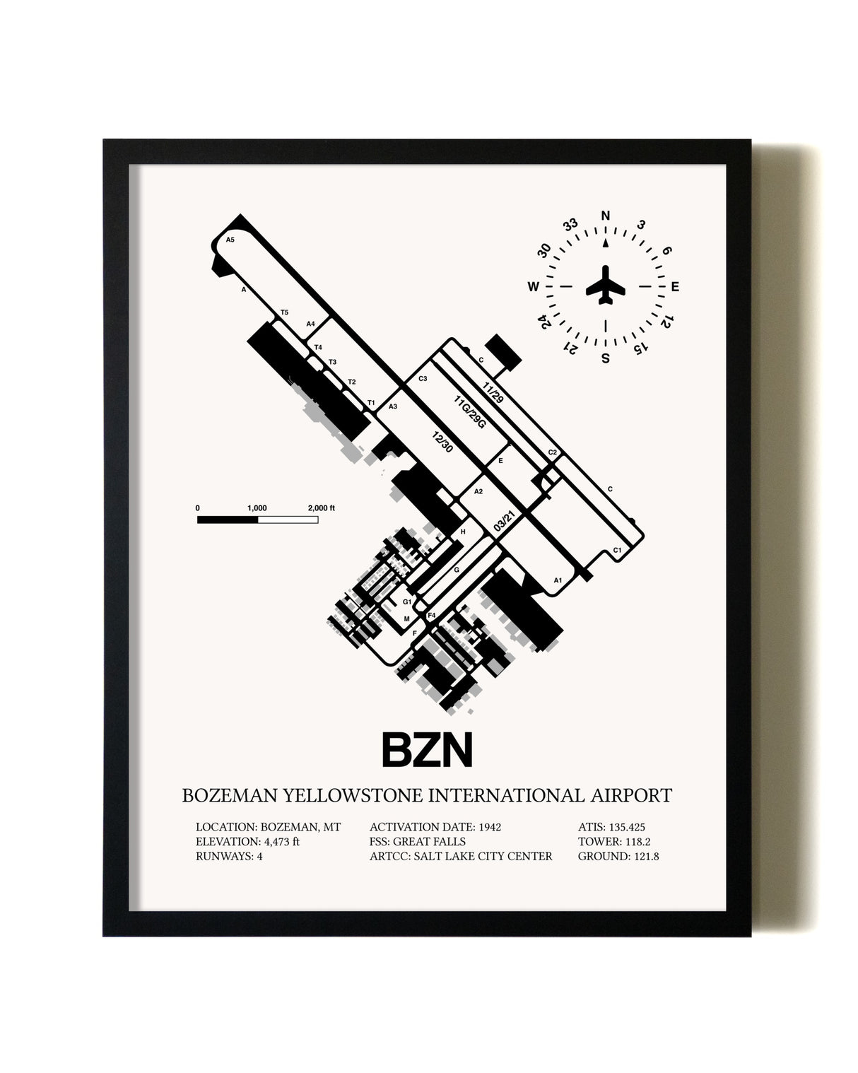 Framed Bozeman Yellowstone International Airport wall art poster in black frame