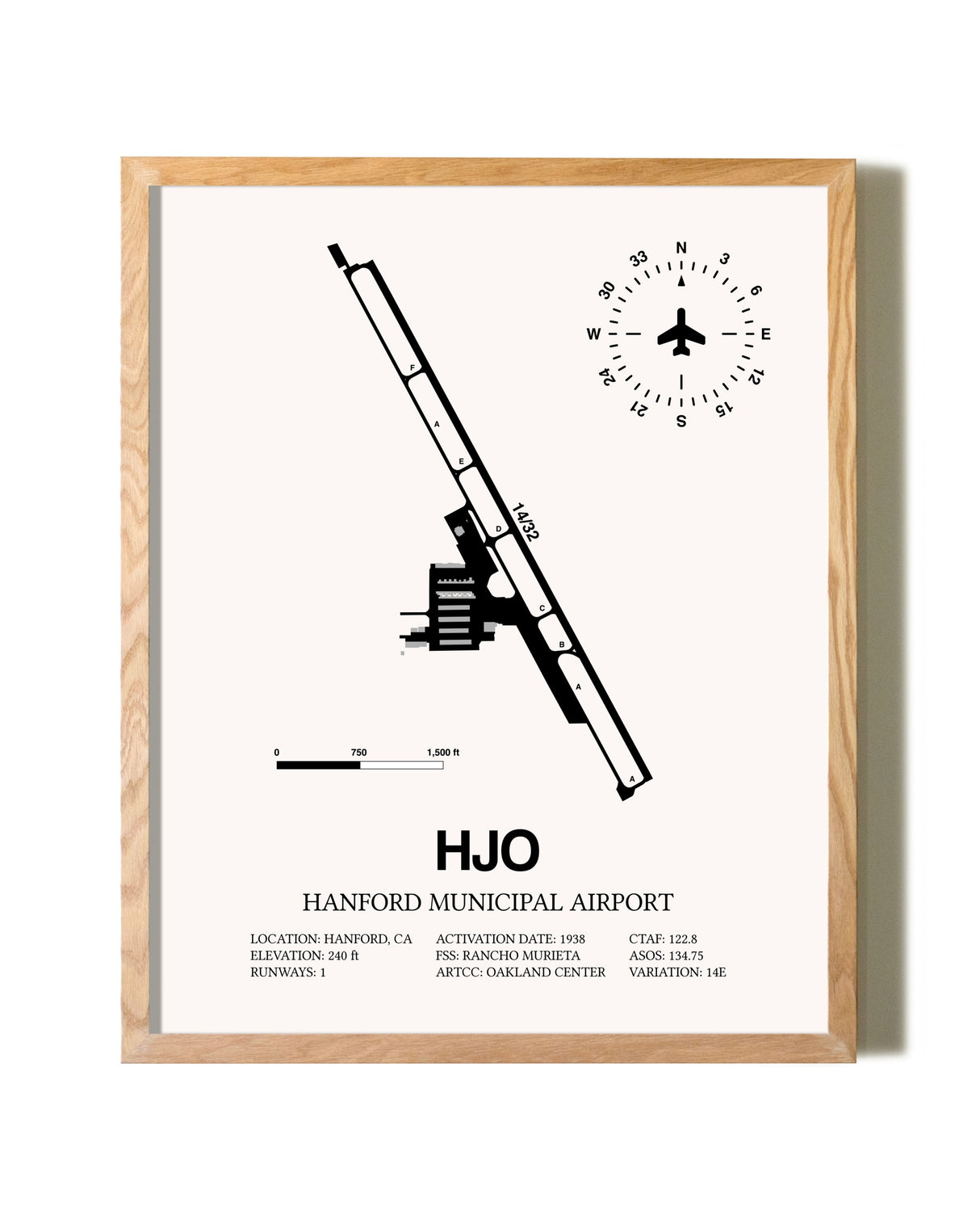 Hanford Municipal Airport framed print in natural wood frame