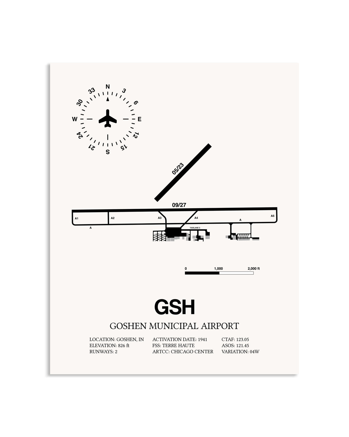 Gray Goshen Municipal Airport framed poster displayed in an airplane hangar
