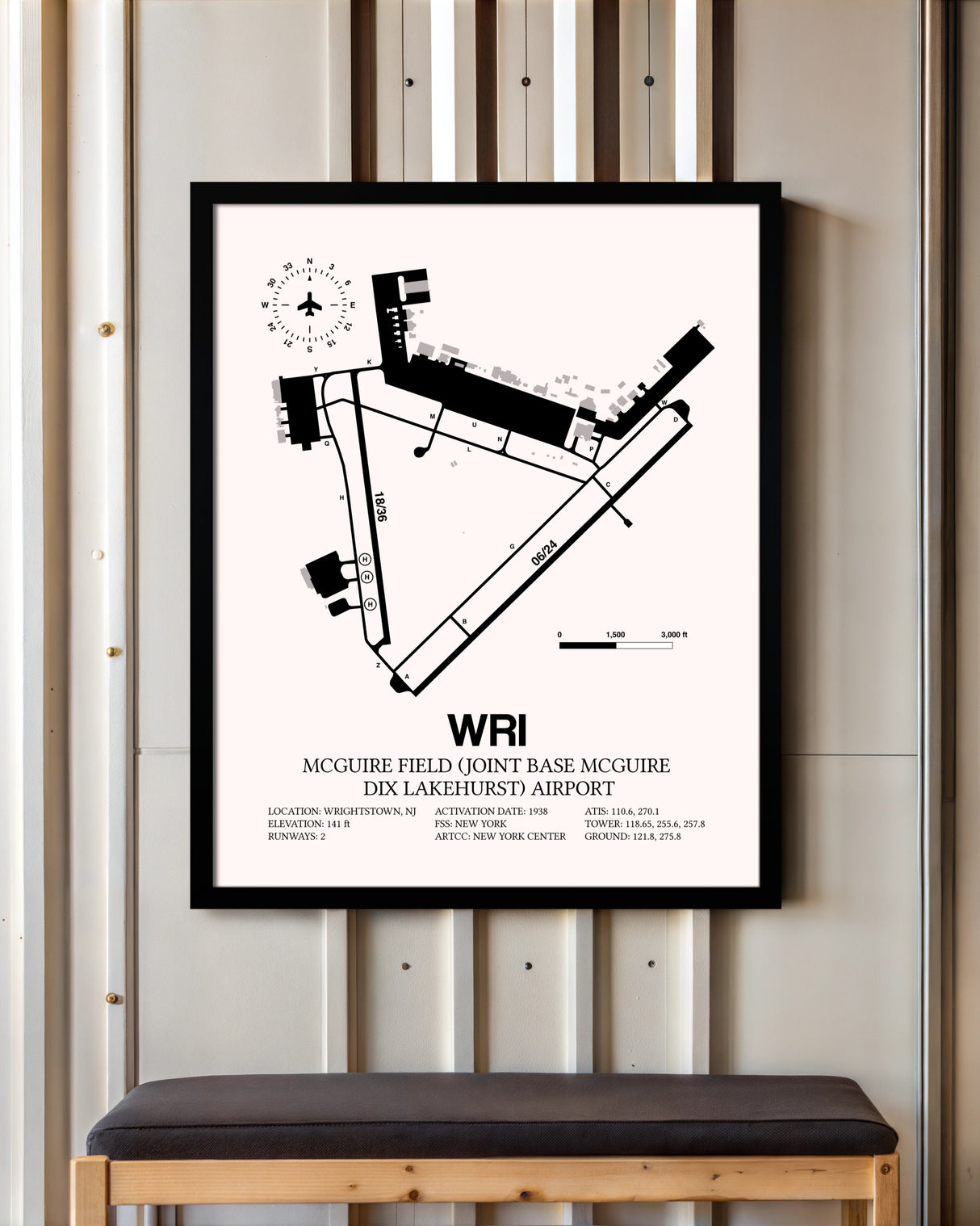 McGuire Field (Joint Base McGuire Dix Lakehurst) Airport framed poster displayed in an airplane hangar