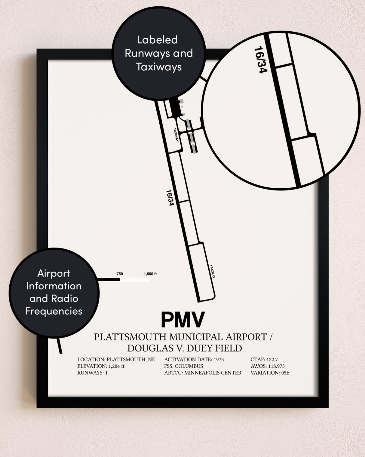 Framed Plattsmouth Municipal Airport / Douglas V. Duey Field layout wall art poster