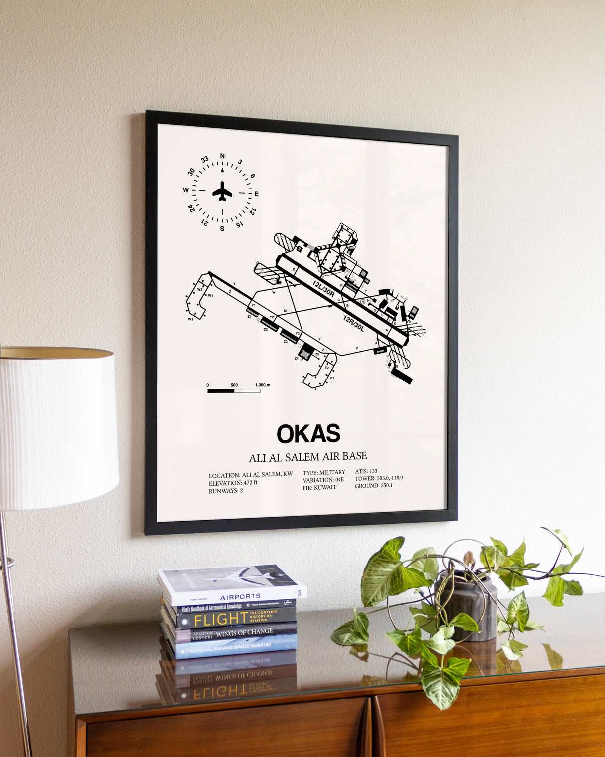 Ali Al Salem Air Base aviation wall décor in black wood frame