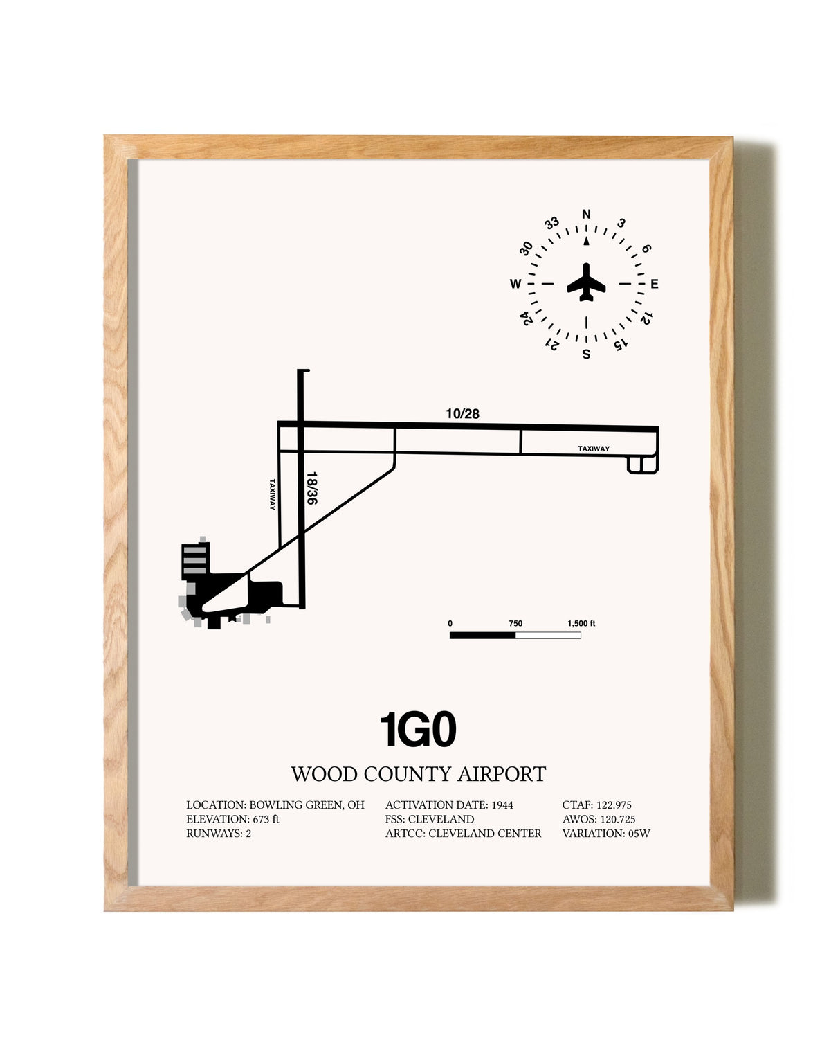 Wood County Airport framed print in natural wood frame