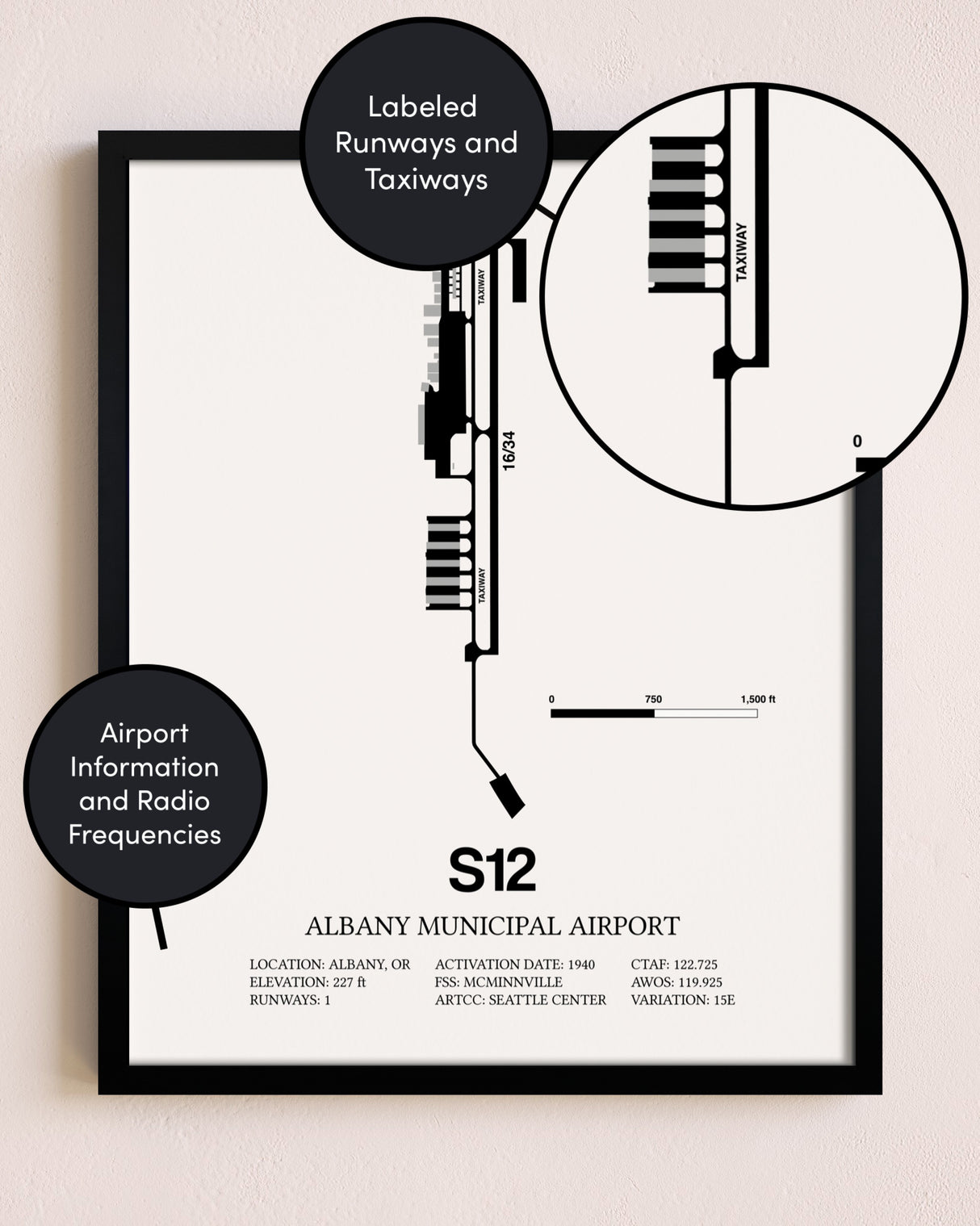 Framed Albany Municipal Airport layout wall art poster