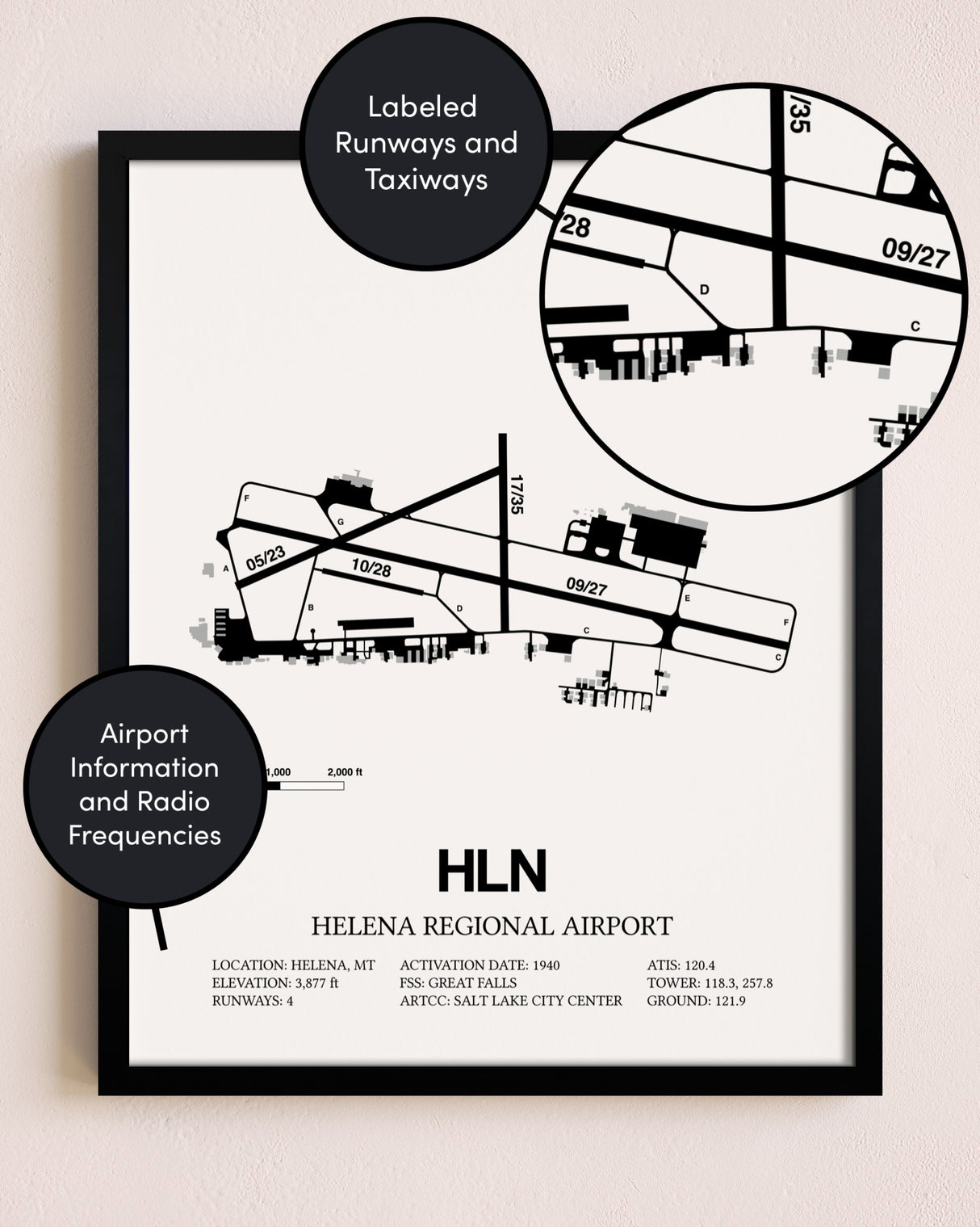 Framed Helena Regional Airport layout wall art poster