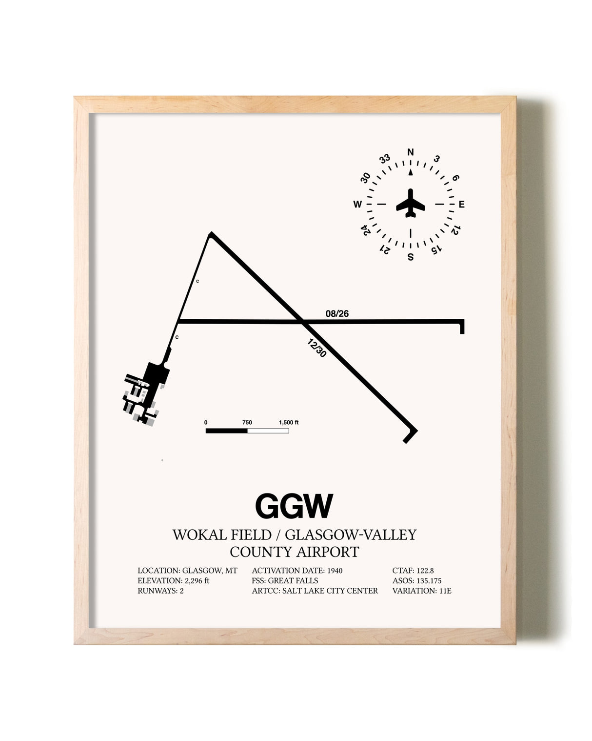 Wokal Field / Glasgow-Valley County Airport framed wall art in white frame