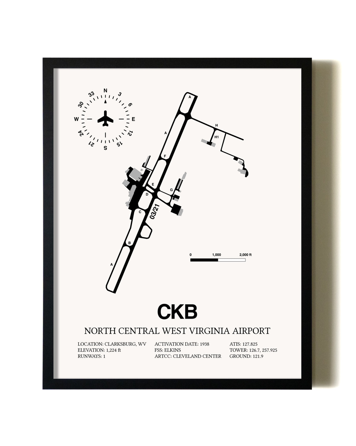 Framed North Central West Virginia Airport wall art poster in black frame