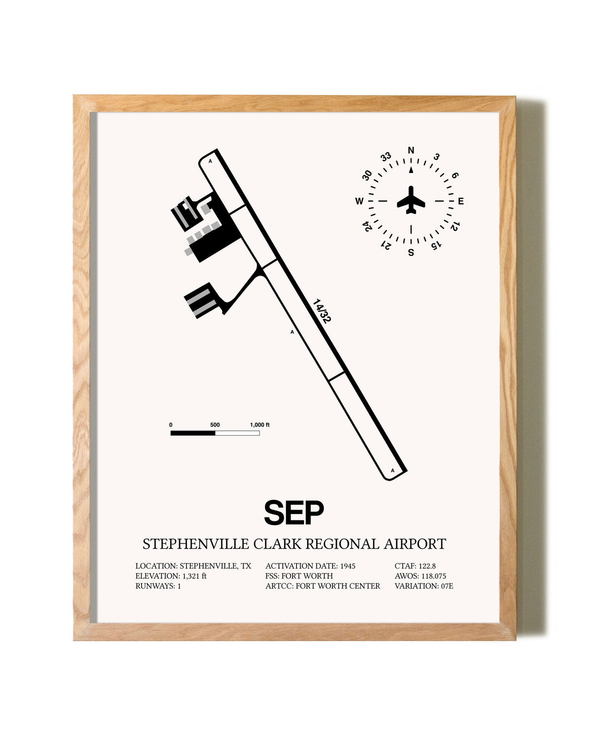 Stephenville Clark Regional Airport framed print in natural wood frame