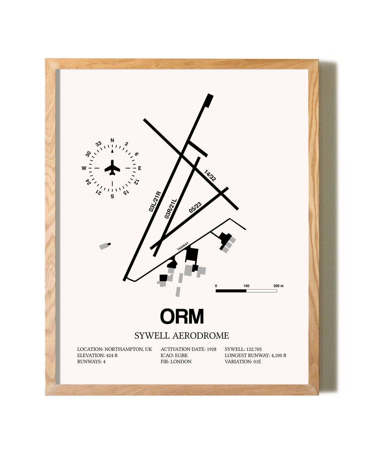 Sywell Aerodrome framed print in natural wood frame