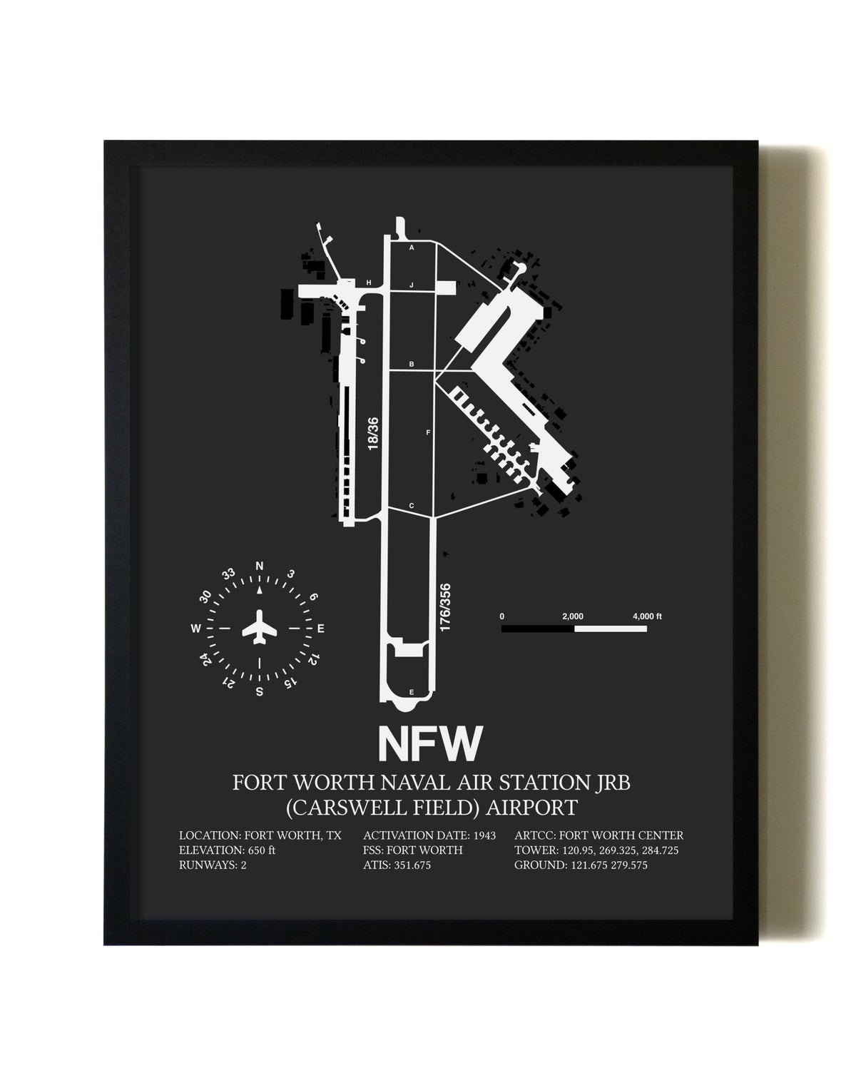 Unframed Fort Worth Naval Air Station JRB (Carswell Field) Airport map print poster