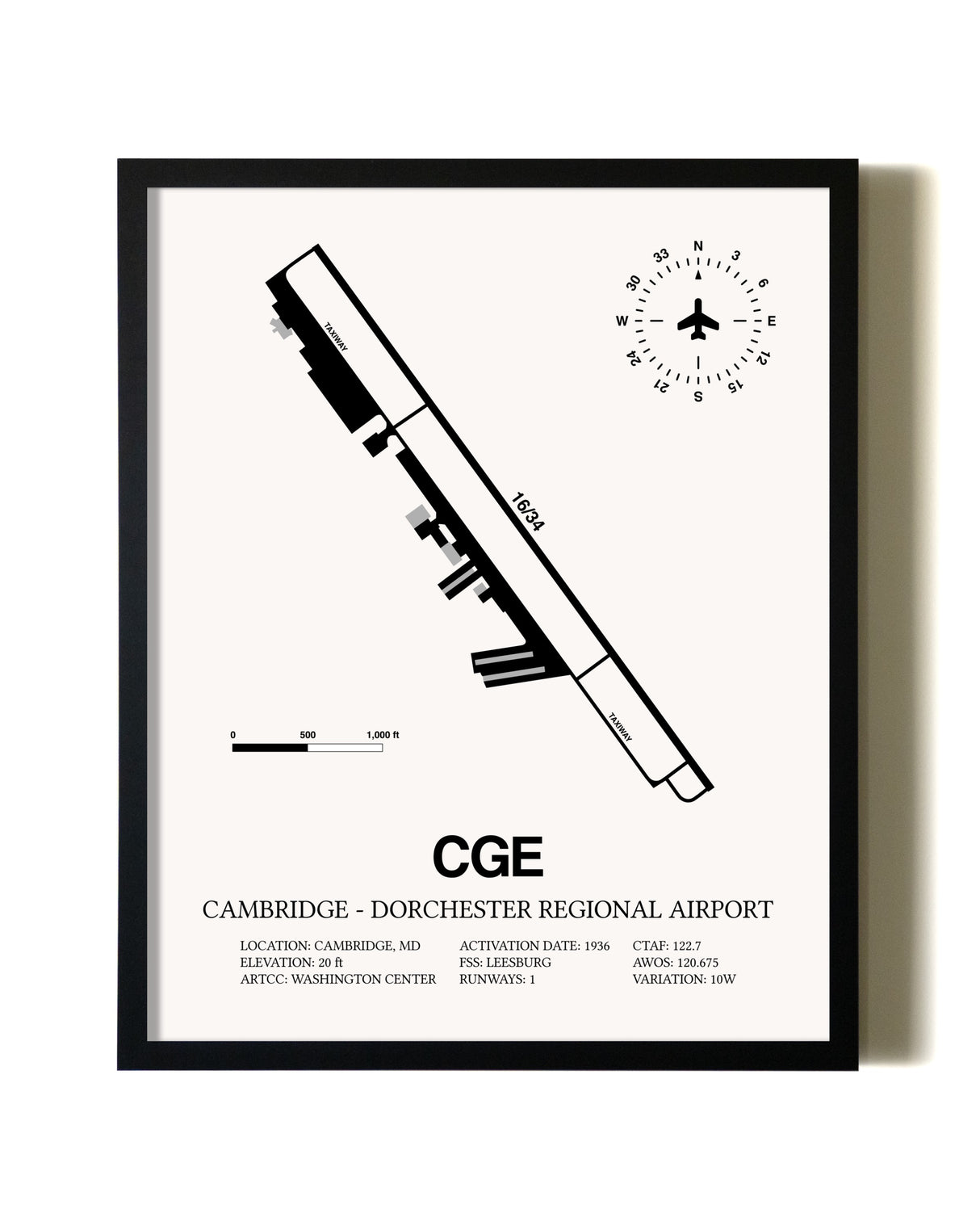 Framed Cambridge-Dorchester Regional Airport wall art poster in black frame