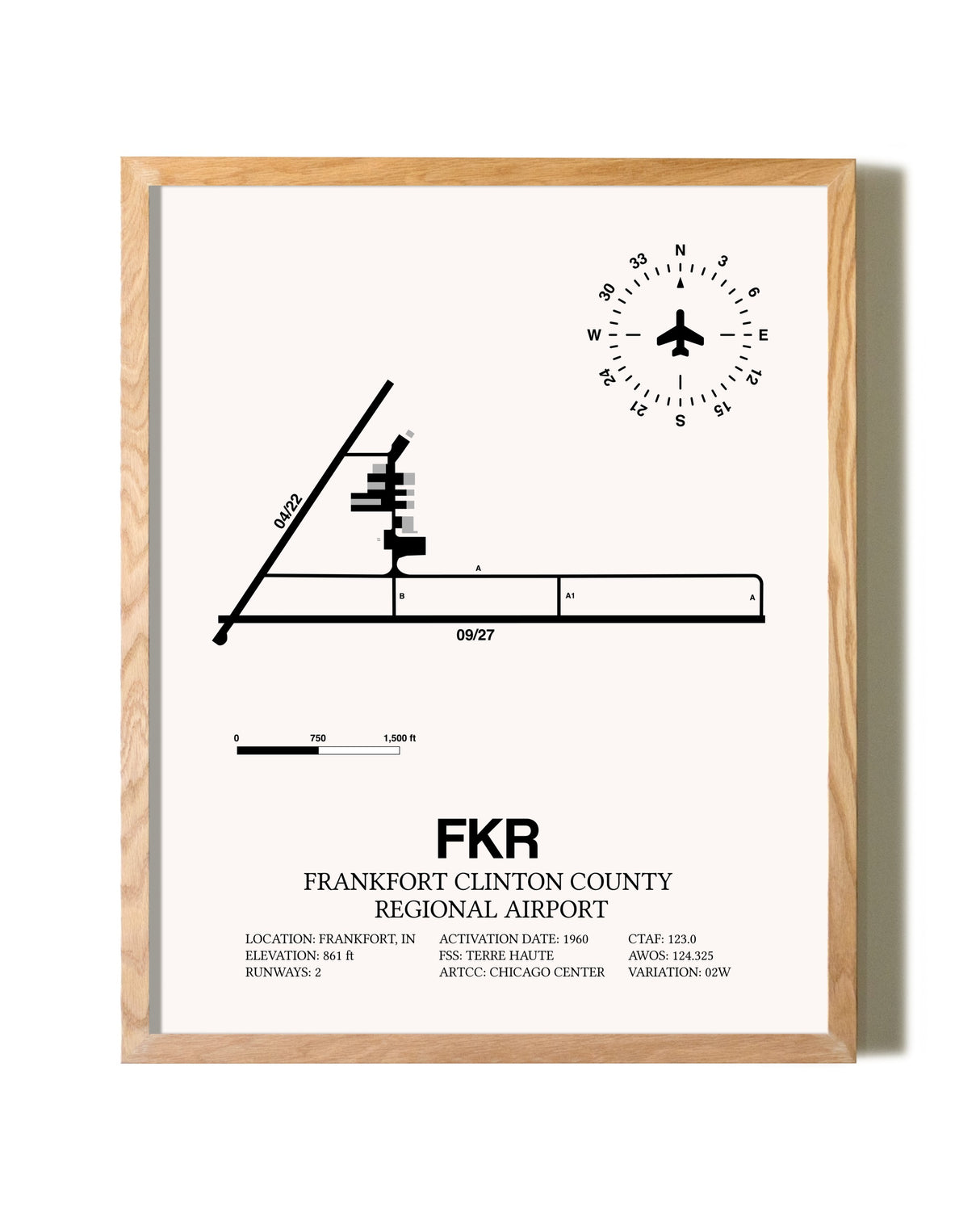 Frankfort Clinton County Regional Airport framed print in natural wood frame