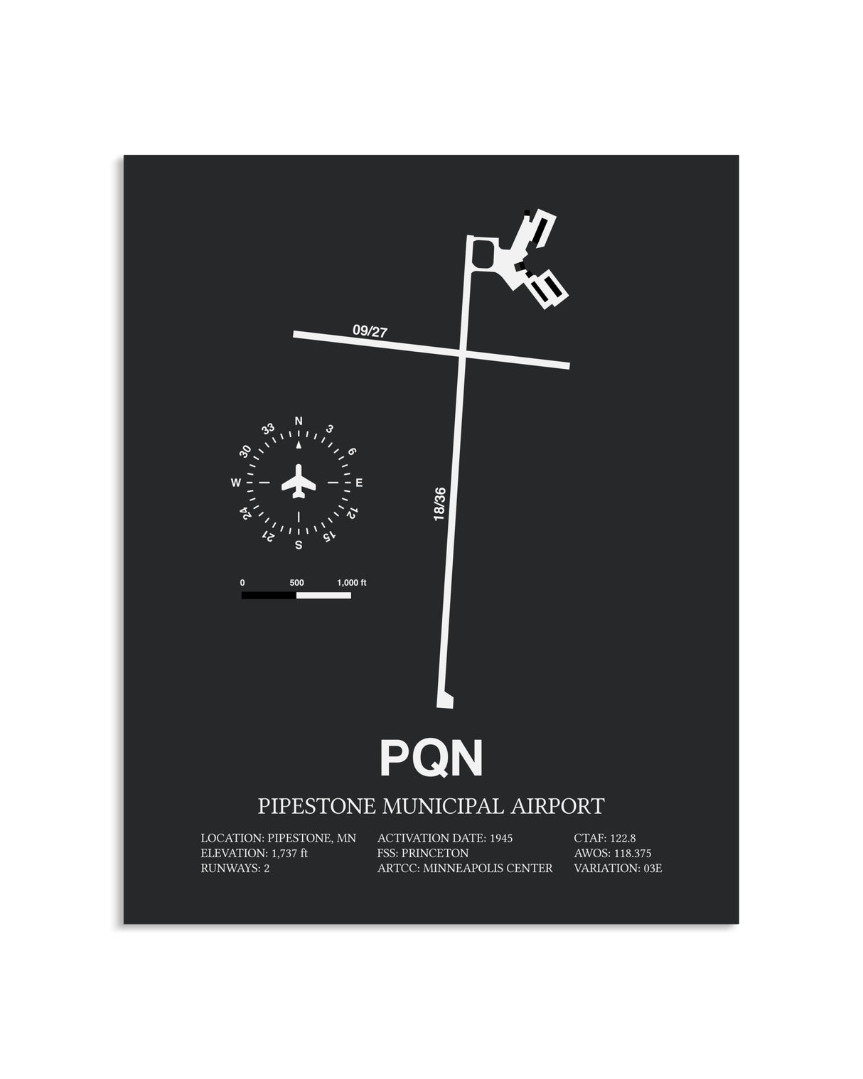 Gray Framed Pipestone Municipal Airport layout wall art poster