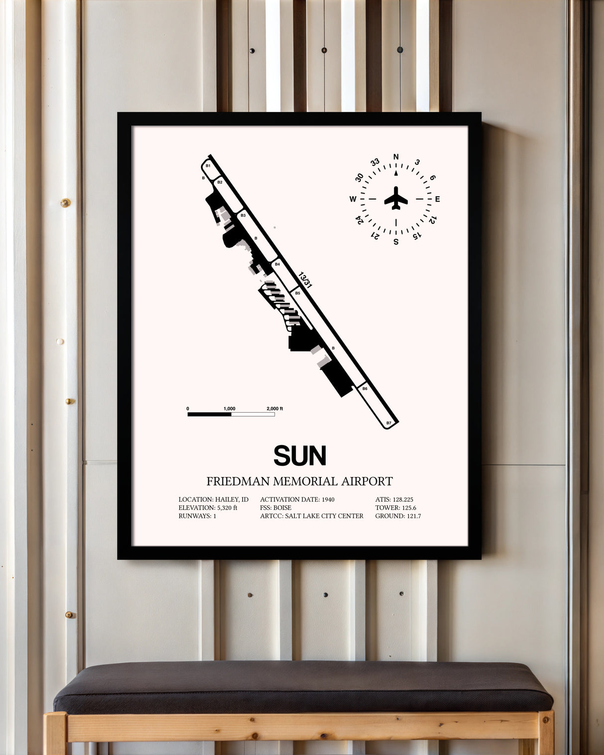 Friedman Memorial Airport framed poster displayed in an airplane hangar