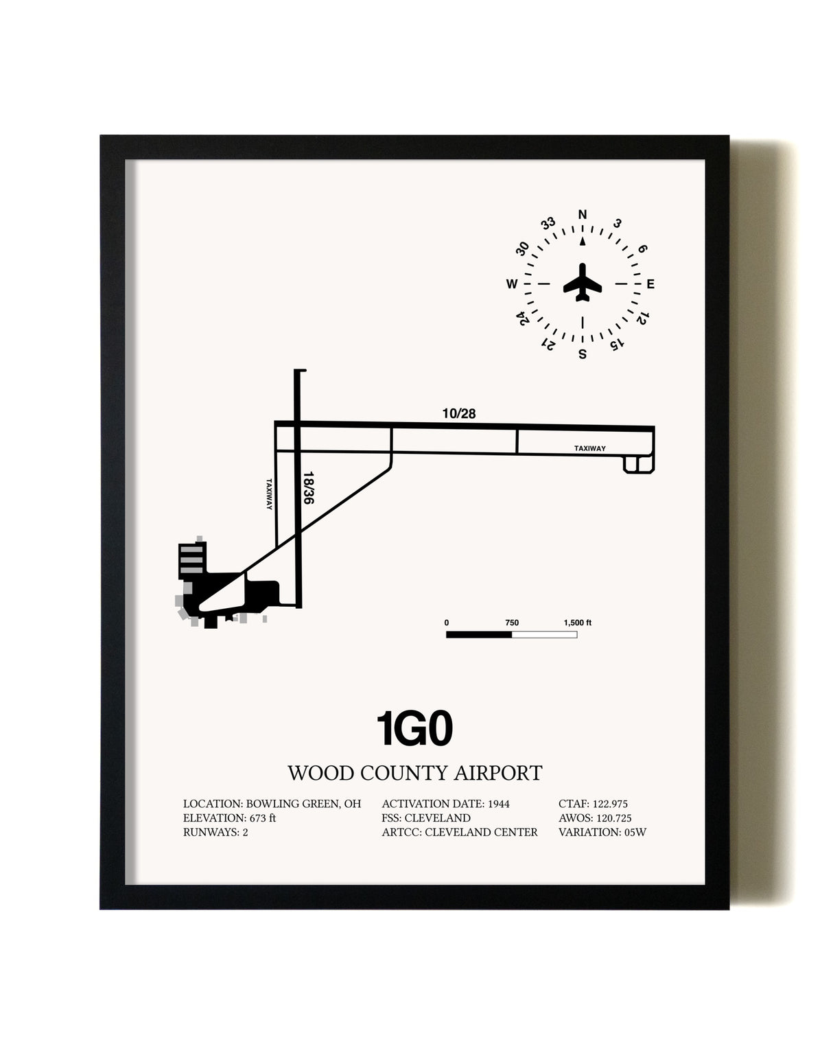 Framed Wood County Airport wall art poster in black frame