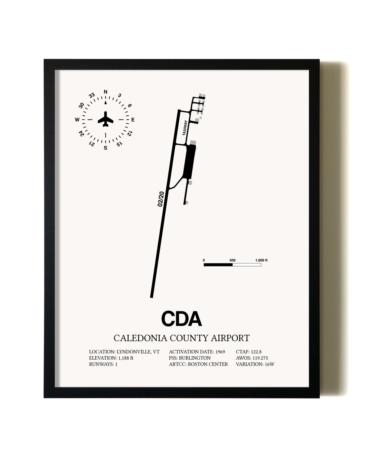 Framed Caledonia County Airport wall art poster in black frame