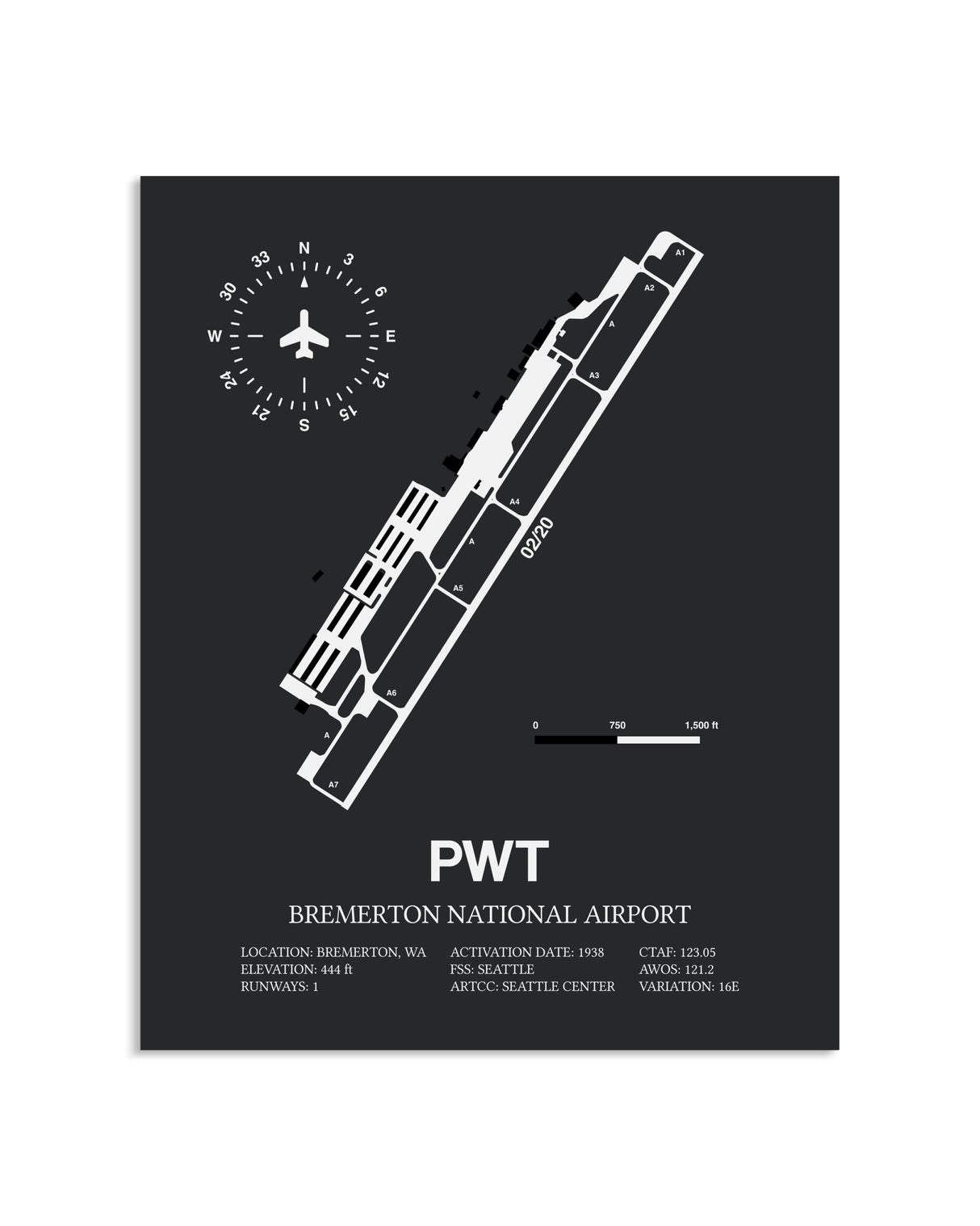 Gray Framed Bremerton National Airport layout wall art poster
