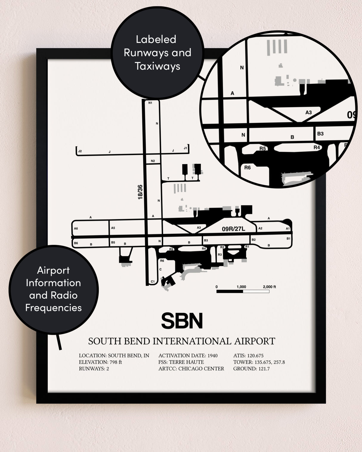 Framed South Bend International Airport layout wall art poster